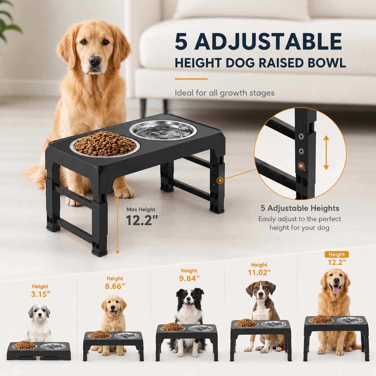 Elevated Dog Bowls Stand with 2 Thick 42Oz Stainless Steel Dog Food Bowls, Raised Dog Bowls 5 Heights Adjustable for Small Medium and Large Dogs, Cats