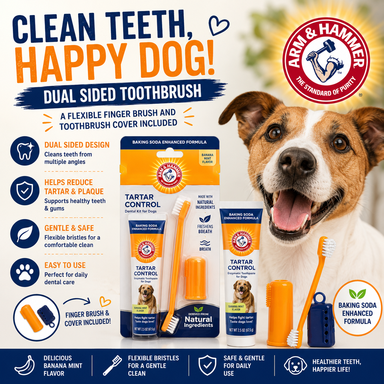 Pets Tartar Control Dog Dental Care Kit, Banana Mint Flavor Toothpaste with Baking Soda, Double-Sided Toothbrush and Finger Brush Included, 2.5 Oz, 3-Piece