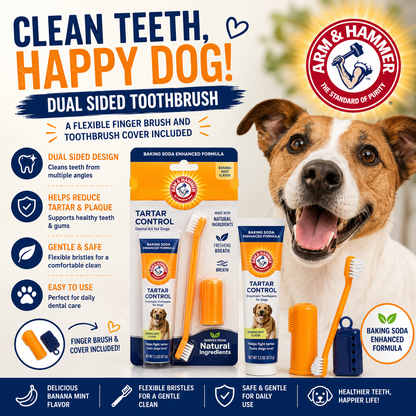 Pets Tartar Control Dog Dental Care Kit, Banana Mint Flavor Toothpaste with Baking Soda, Double-Sided Toothbrush and Finger Brush Included, 2.5 Oz, 3-Piece