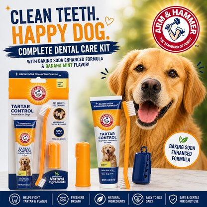 Pets Tartar Control Dog Dental Care Kit, Banana Mint Flavor Toothpaste with Baking Soda, Double-Sided Toothbrush and Finger Brush Included, 2.5 Oz, 3-Piece
