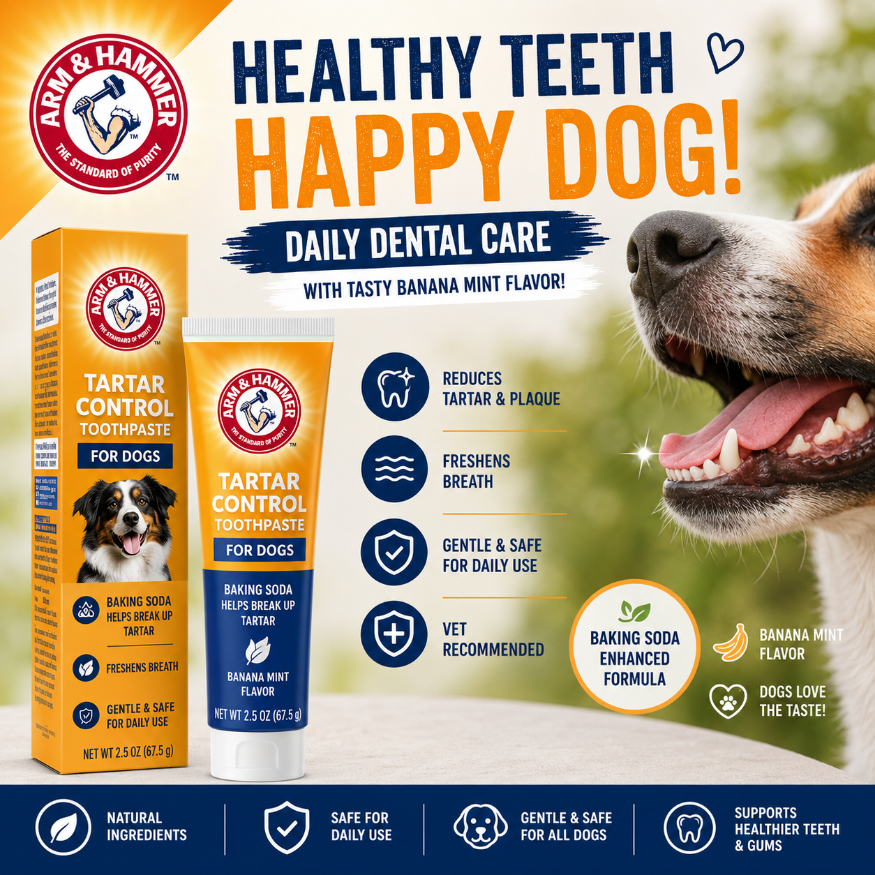 Pets Tartar Control Dog Dental Care Kit, Banana Mint Flavor Toothpaste with Baking Soda, Double-Sided Toothbrush and Finger Brush Included, 2.5 Oz, 3-Piece